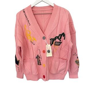 NWT Ebossy Embroidered Cable Knit Long Sleeve V-Neck Button Down Cardigan Large